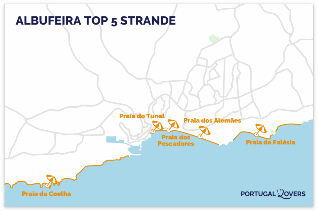 Kort over de bedste strande i Albufeira