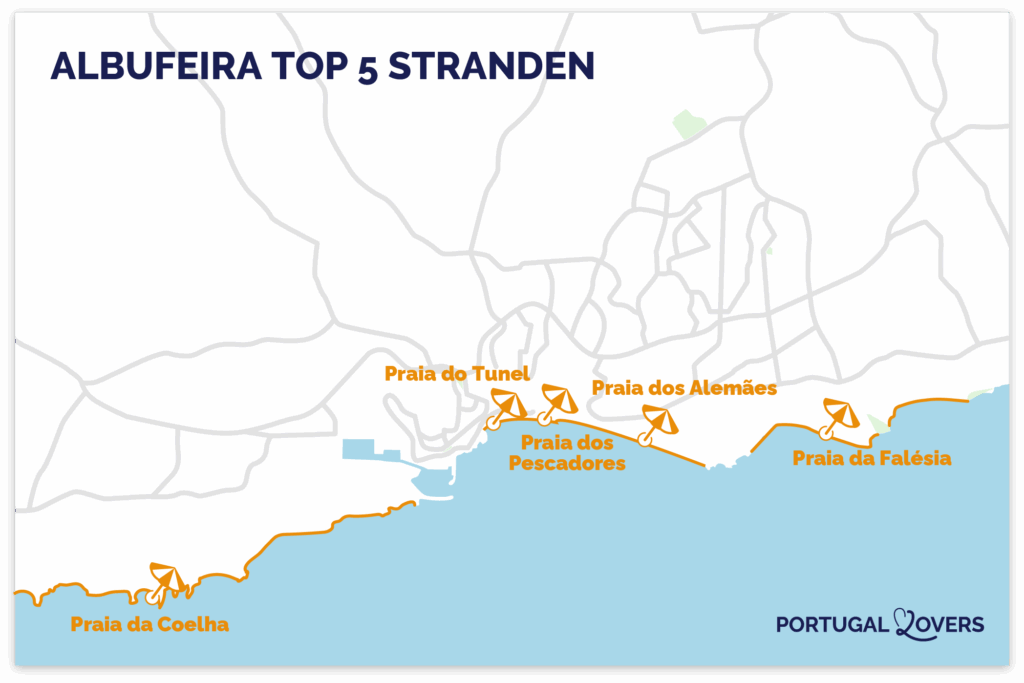 Kaart van de beste stranden in Albufeira