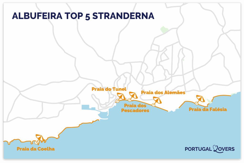 Karta över de bästa stränderna i Albufeira
