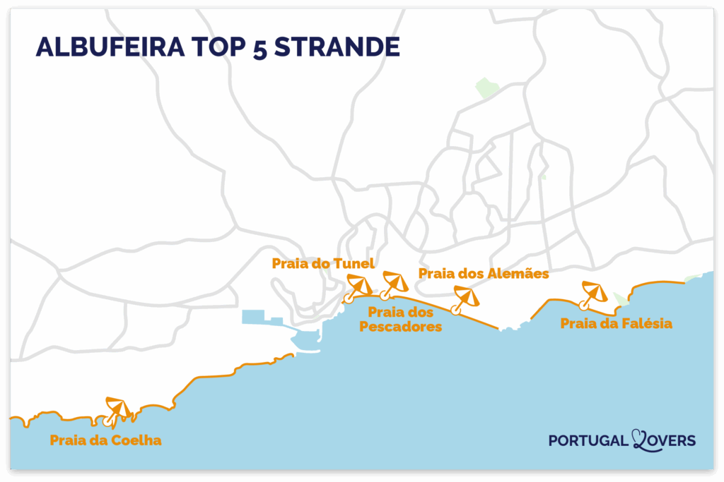 Karte der besten Strände in Albufeira