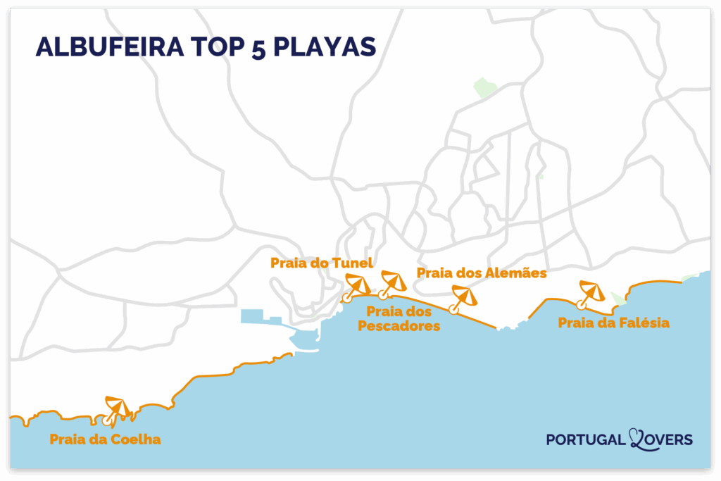 Mapa de las mejores playas de Albufeira