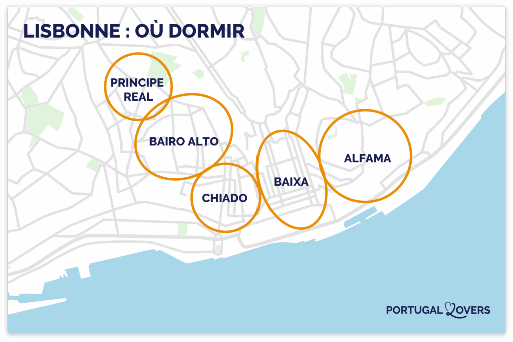 Carte des meilleurs quartiers où dormir à Lisbonne