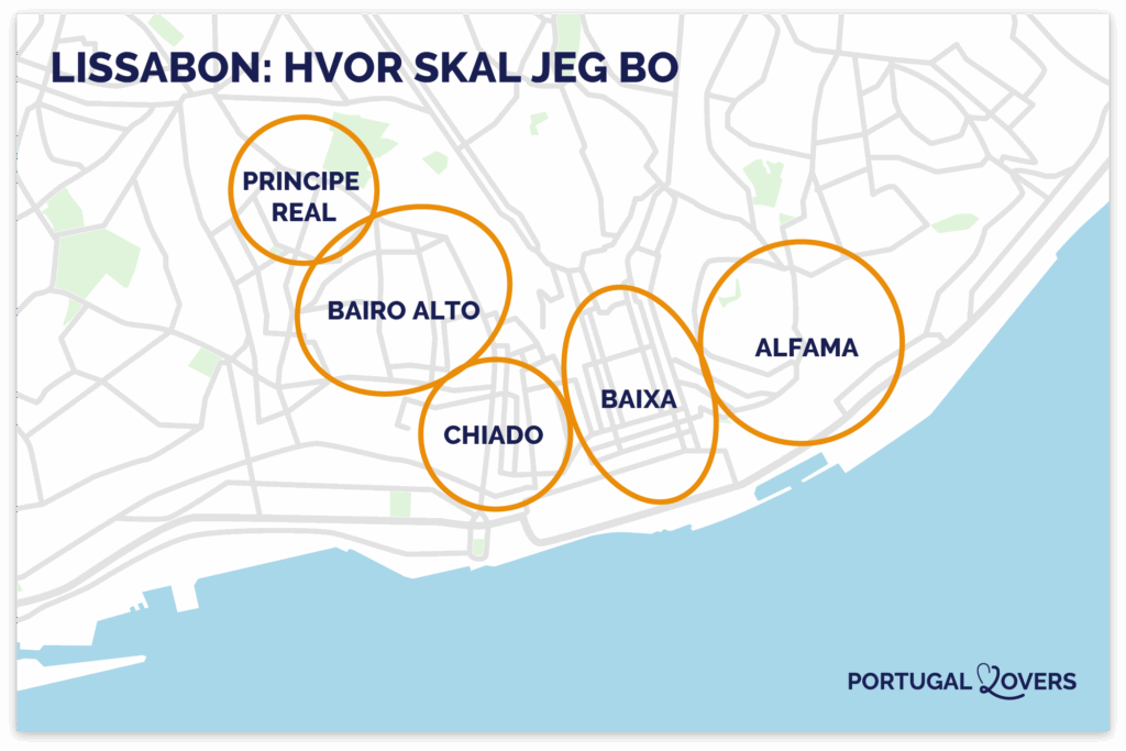 Kort over de bedste områder at bo i Lissabon