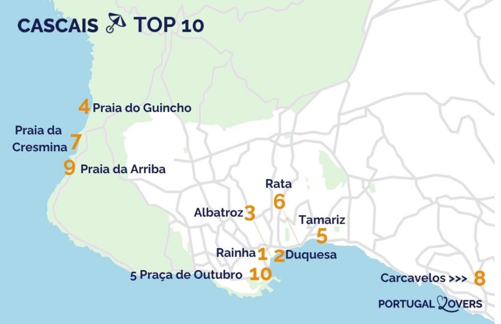 kaart met de mooiste stranden van Cascais, de beste